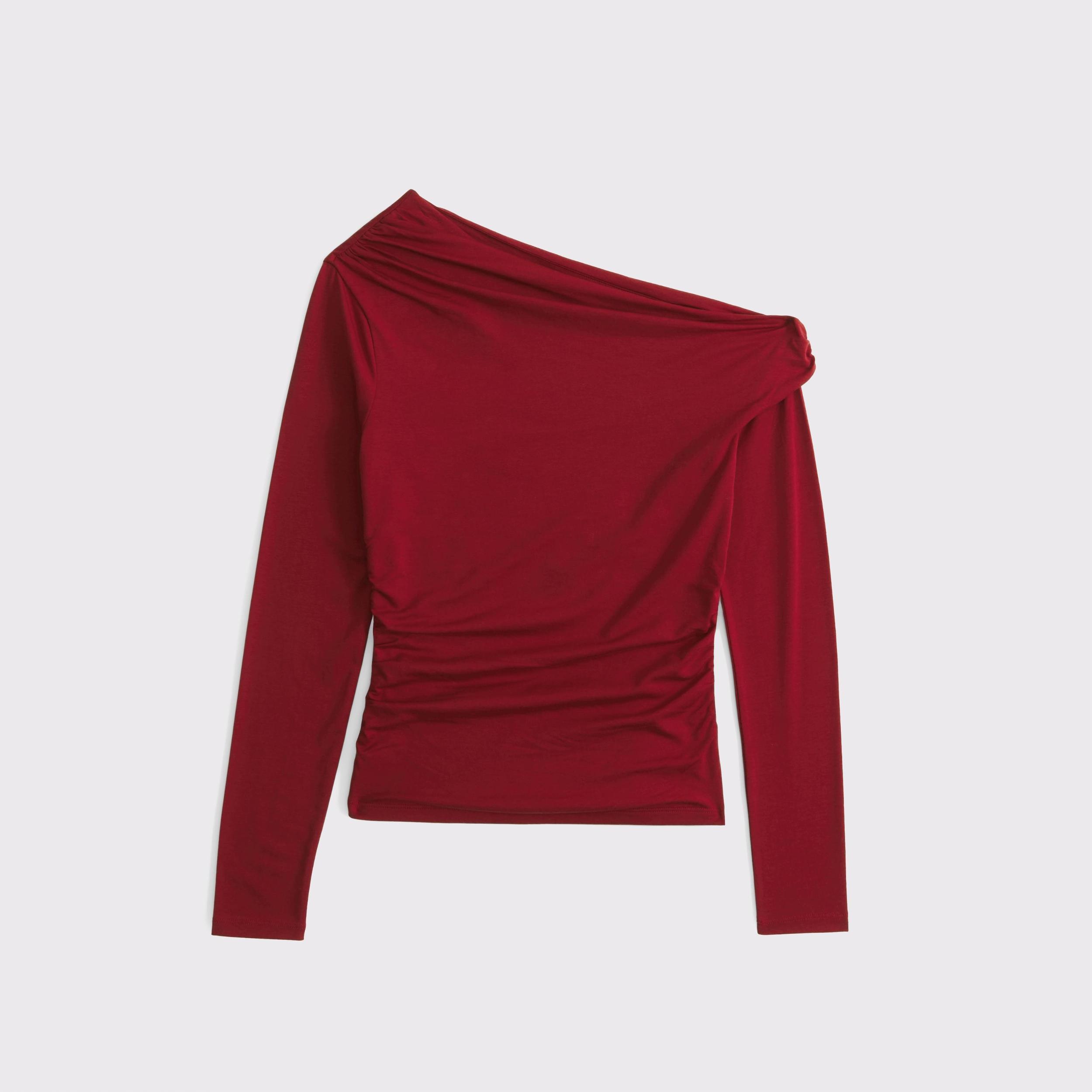 Long-Sleeve Velvet Asymmetrical Draped Top Product Image