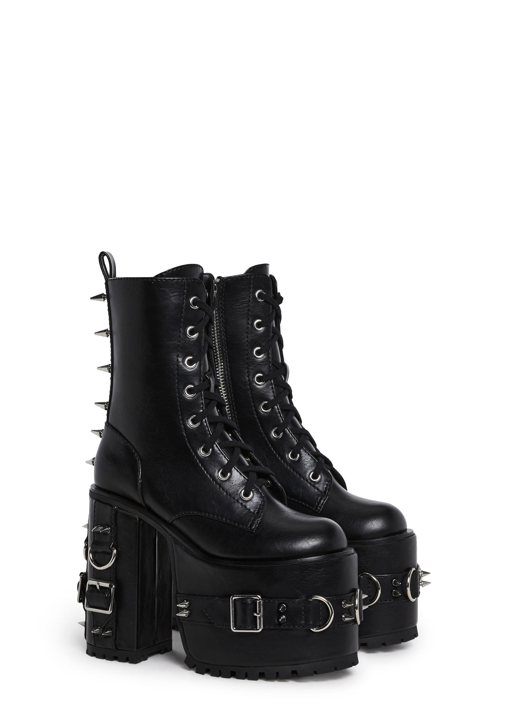 Spiked Buckle D-Ring Lace-Up Combat Boots Current Mood - Black Product Image
