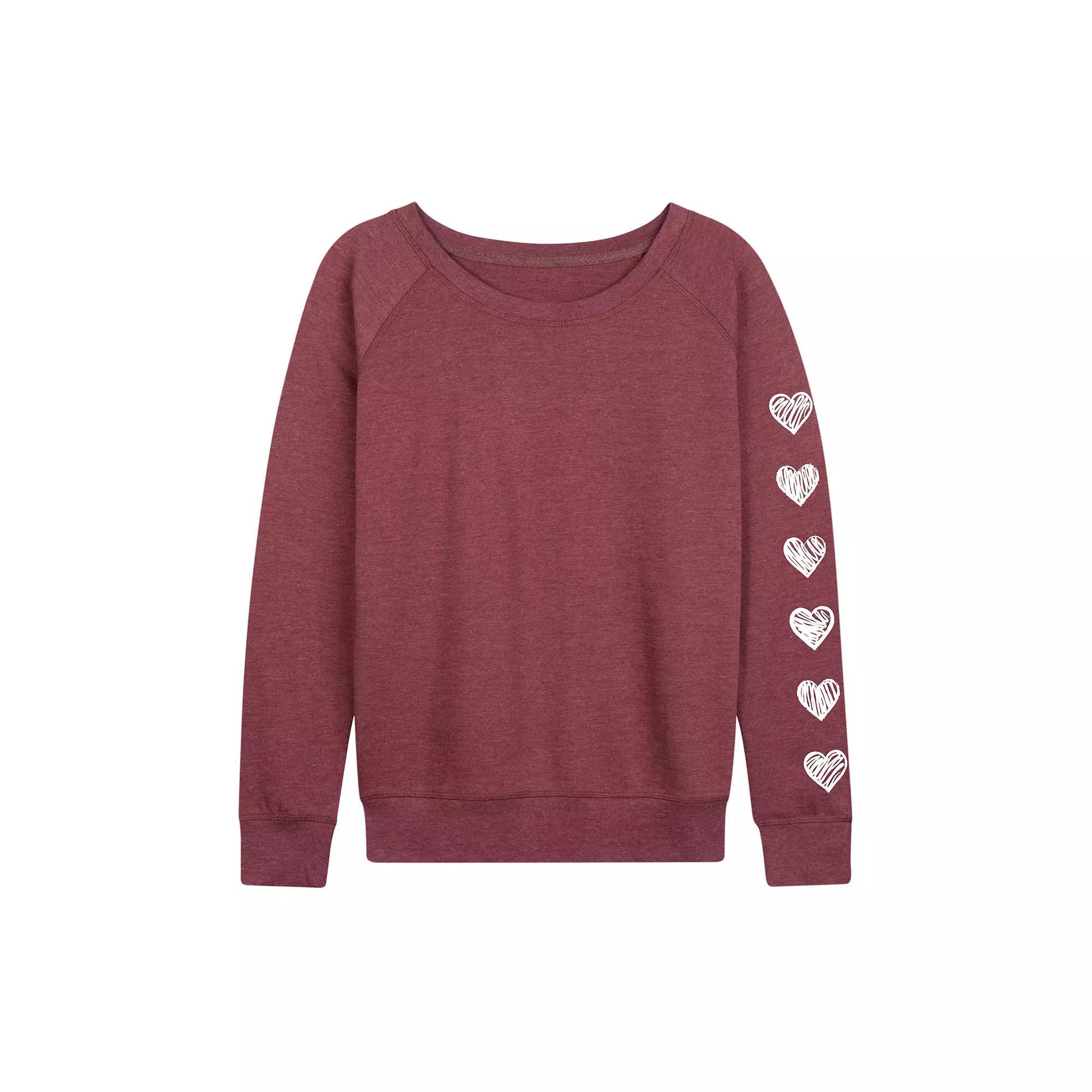 Womens Sketched Hearts French Terry Long Sleeve Tee Grey Maroon Product Image