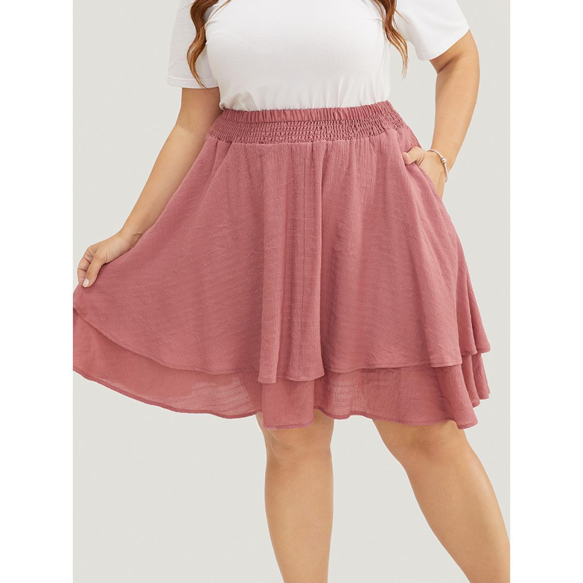 Plus Size Solid Shirred Waist Pocket Ruffle Tiered Skirt Women DustyPink Elegant No stretch Pocket Dailywear Skirts BloomChic 18-20/2X Product Image