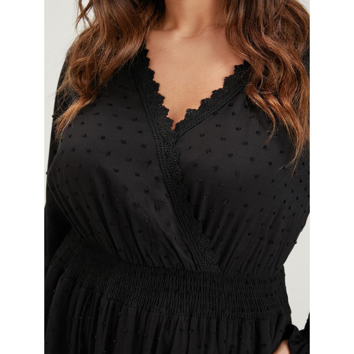 Plus Size Polka Dot Pocket Lantern Sleeve Lace Trim Shirred Dress Black Women Elegant Cross straps V-neck Long Sleeve Curvy Long Dress BloomChic 10/M Product Image