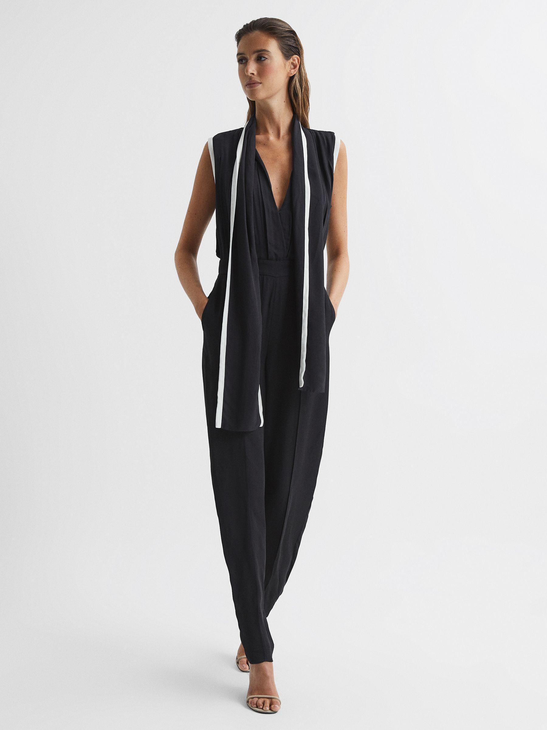 Petite Neck Tie Wide Leg Jumpsuit in Black Product Image