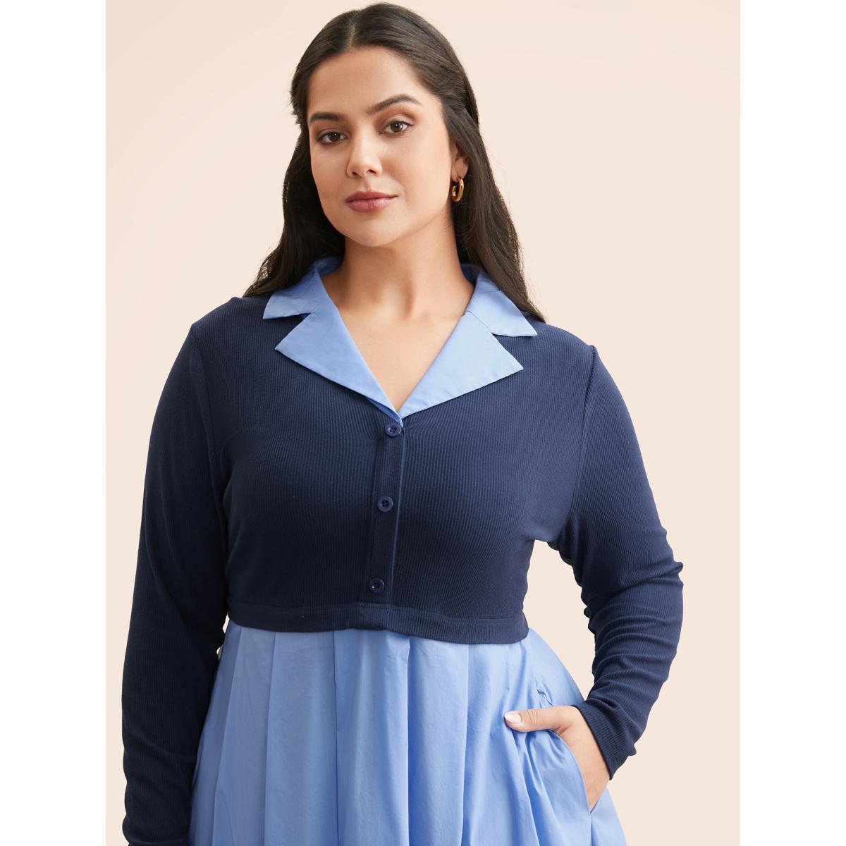 Plus Size 2-In-1 Contrast Patchwork Pleated Dress Indigo Women Elegant Texture Suit Collar Long Sleeve Curvy BloomChic 26/4X Product Image