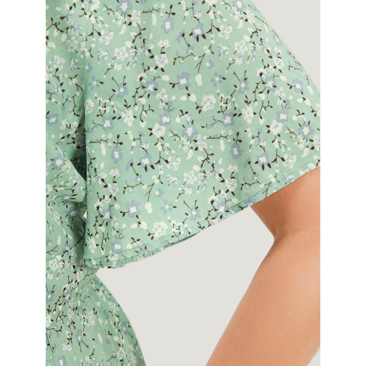 Plus Size Ditsy Floral Plicated Detail Ruffles Wideband Waist Dress Mint Women Elegant Gathered V-neck Short sleeve Curvy Knee Dress BloomChic 18-20/2X Product Image