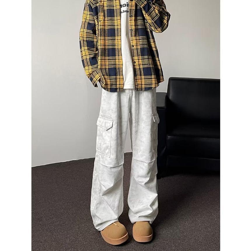 Mid Rise Tie Dye Wide Leg Cargo Jeans Product Image