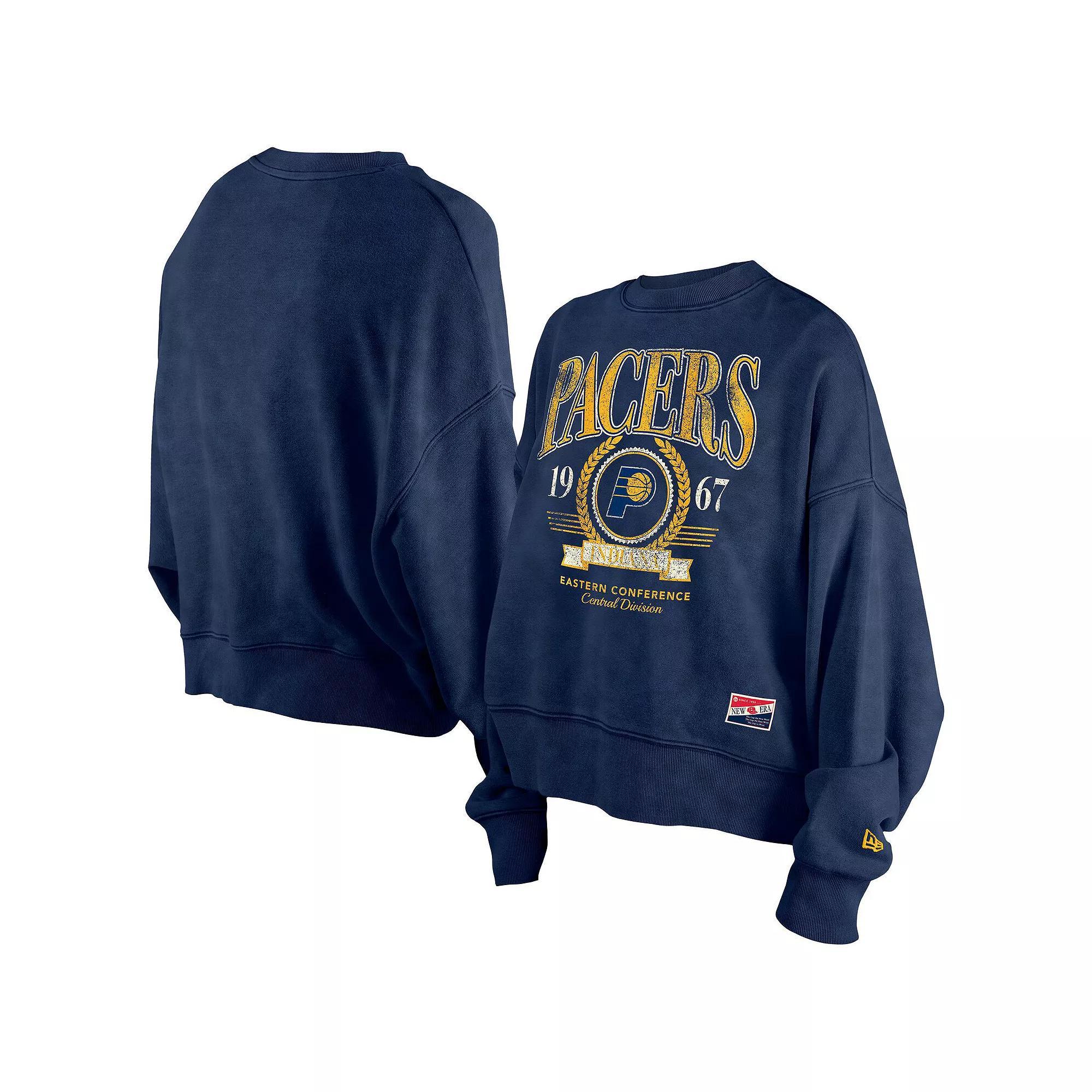 Women's New Era  Navy Indiana Pacers Hardwood Classics Enzyme Wash Oversized Boxy Pullover Sweatshirt, Size: XS, Blue Product Image