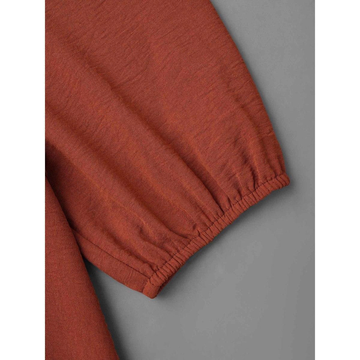 Plus Size Plain Frill Trim Ruffle Layered Hem Dress Russet Women Resort Gathered V-neck Long Sleeve Curvy BloomChic 26/4X Product Image