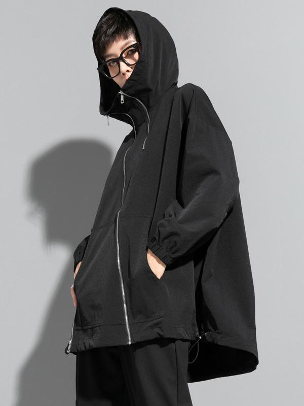 Fashion Irregularity Loose Solid Color Zipper Hooded Outerwear Product Image
