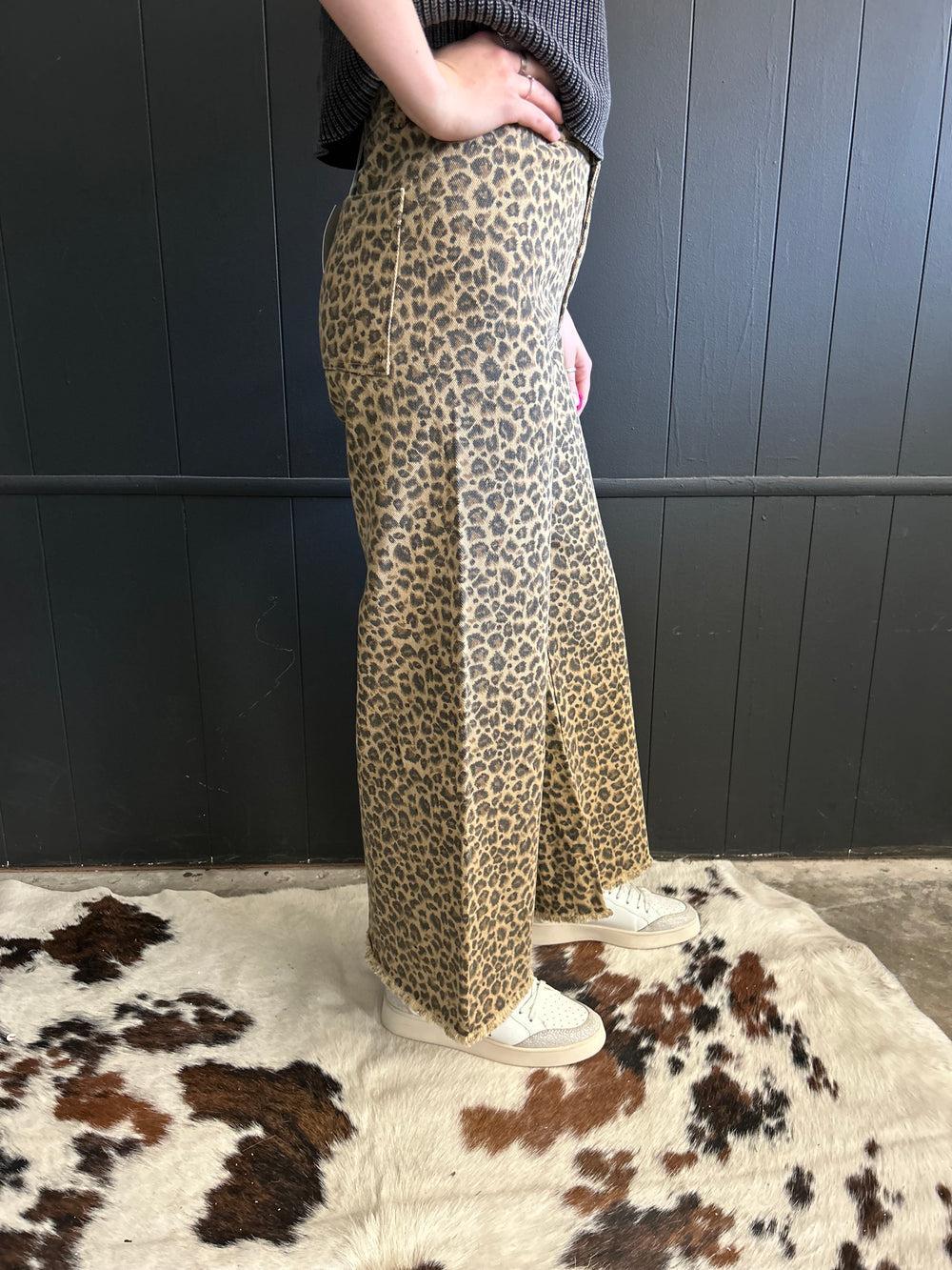 High Rise Leopard Twill Frayed Hem Wide Leg Pants Product Image