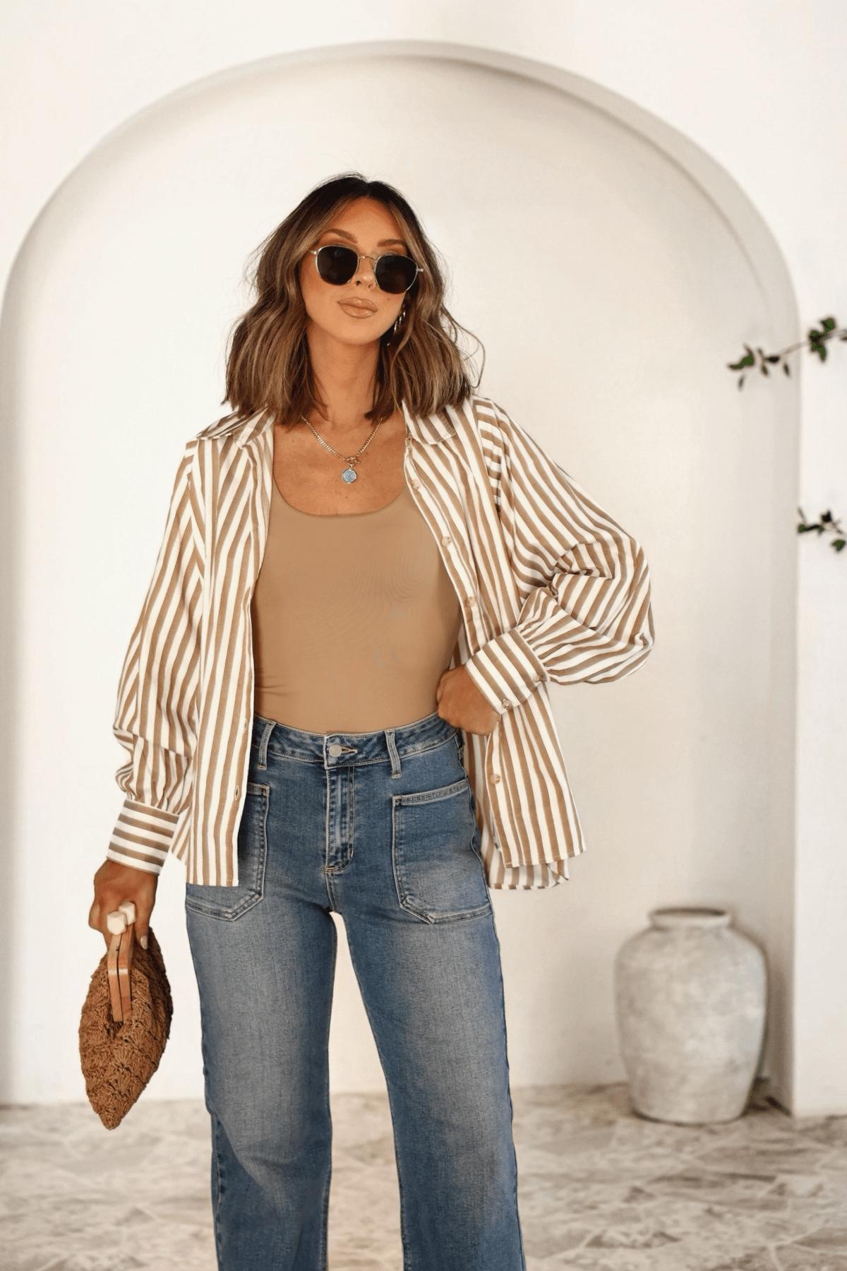 Muse By Magnolia Camel Striped Button Down Shirt - FINAL SALE Product Image