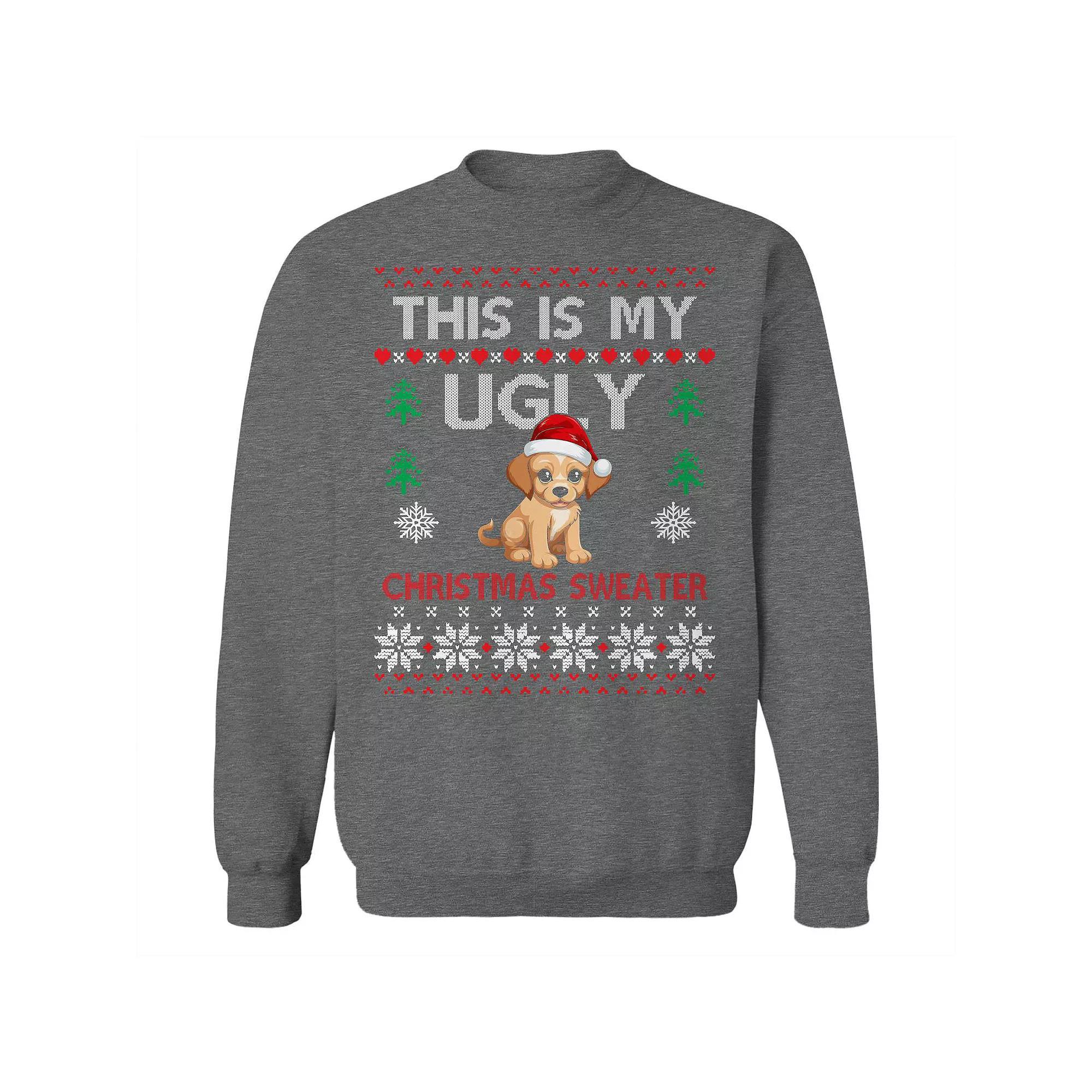 Men's Ugly Puppy Christmas Sweater Graphic Sweatshirt, Size: Small, Grey Heather Product Image