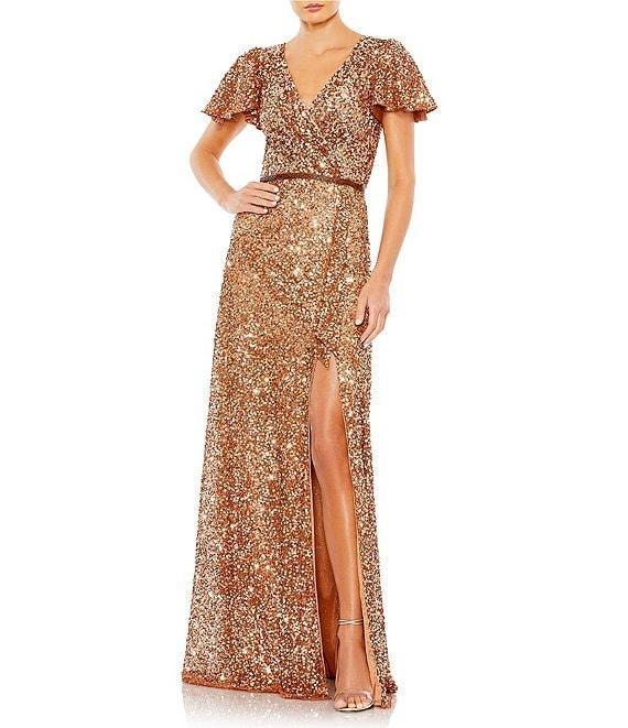 Mac Duggal Sequin V-Neck Short Flutter Sleeve Front Slit Gown Product Image