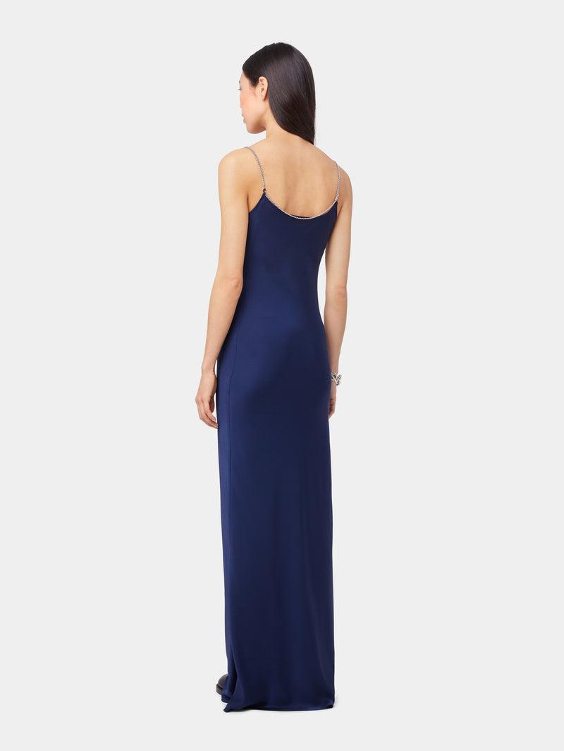 BLUE NAVY LONG SLEEVELESS DRESS IN SATIN Product Image