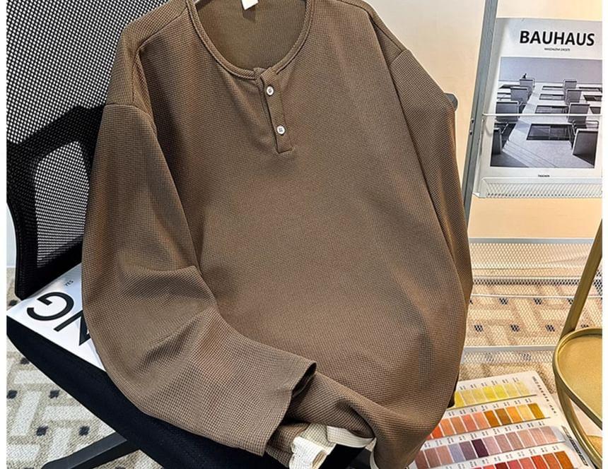 Long-Sleeve Henley Plain Tee Product Image