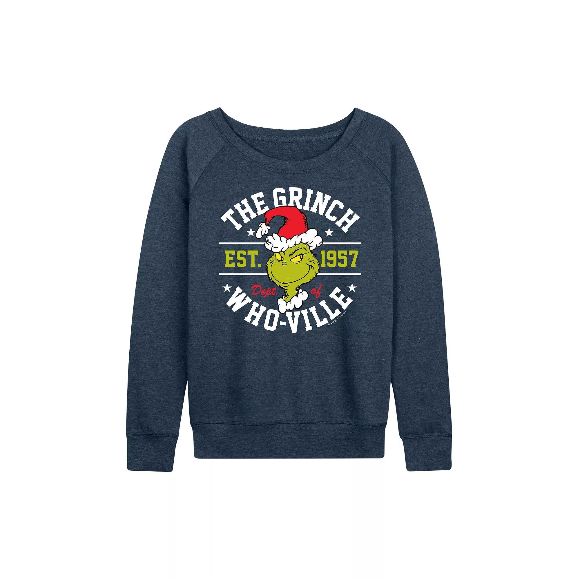 Womens Dr. Seuss The Grinch Dept Of Whoville French Terry Long Sleeve Tee, Girls Grey Indigo Product Image