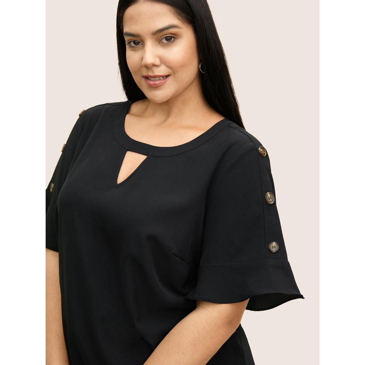 Plus Size Black Solid Cut Out Ruffles Button Detail Blouse Women Work From Home Short sleeve Round Neck Work Blouses BloomChic 18-20/2X Product Image