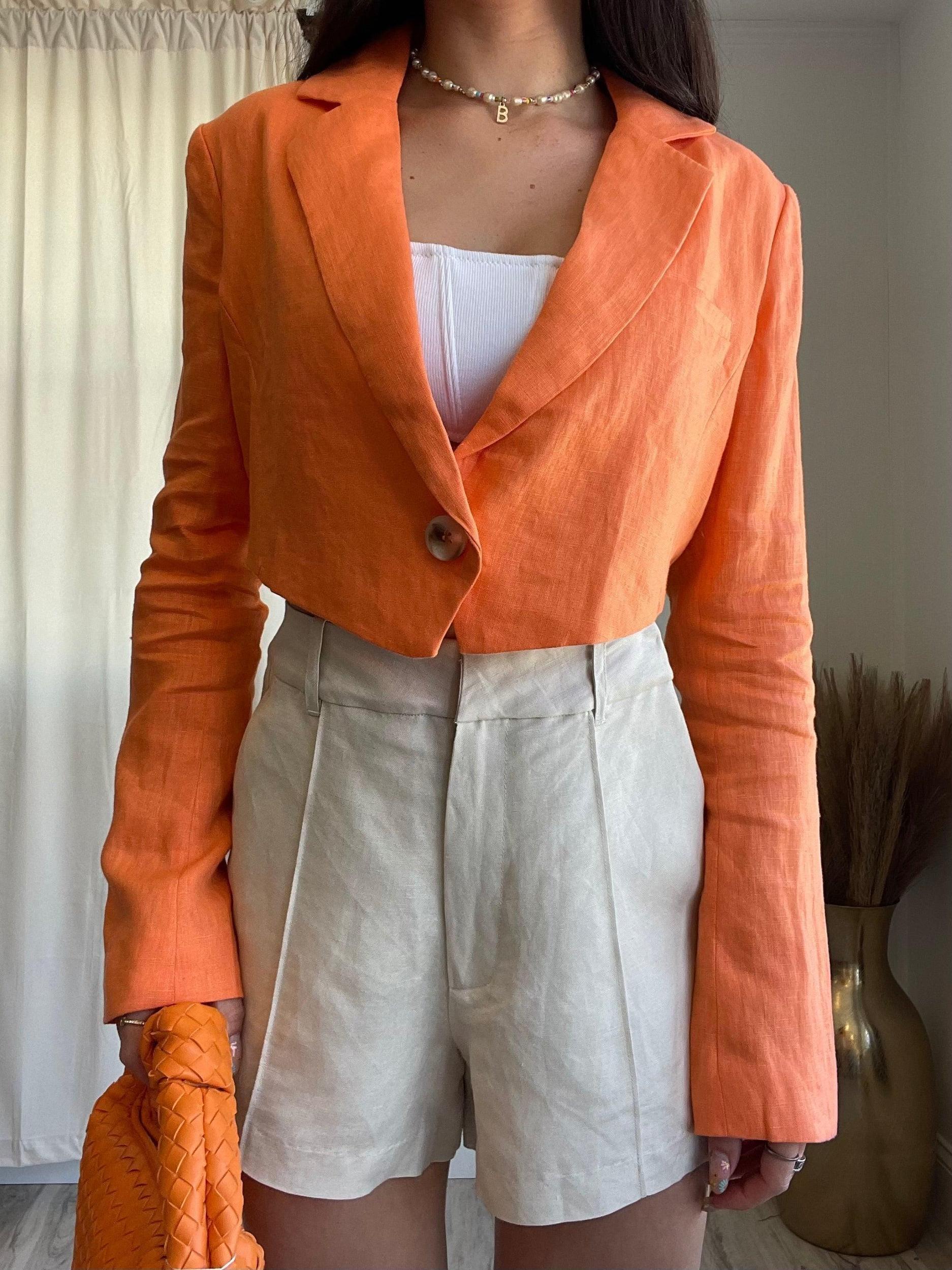 Mango Linen Cropped Blazer | Orange FINAL SALE Product Image