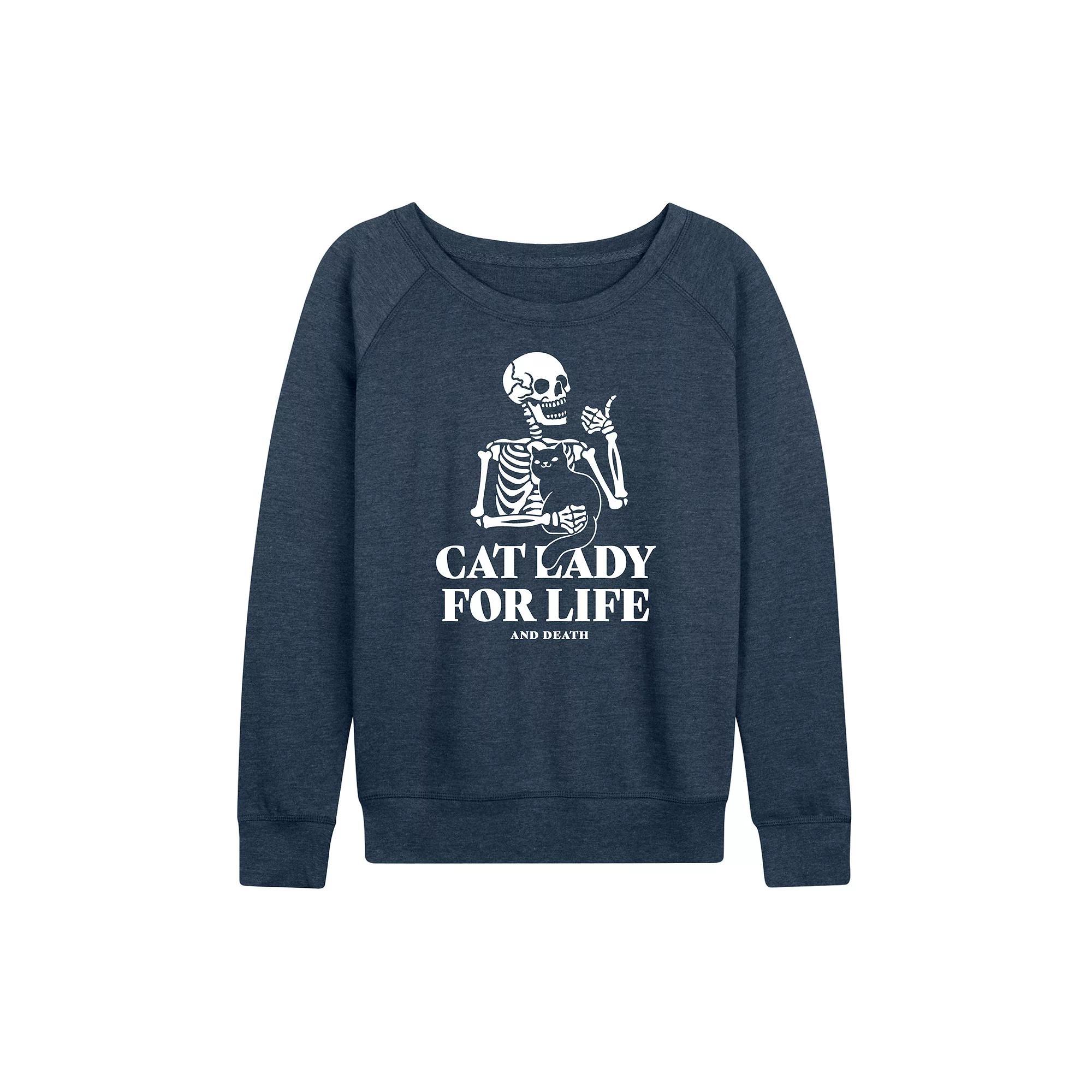 Womens Cat Lady For Life Skeleton French Terry Long Sleeve Tee Grey Blue Product Image