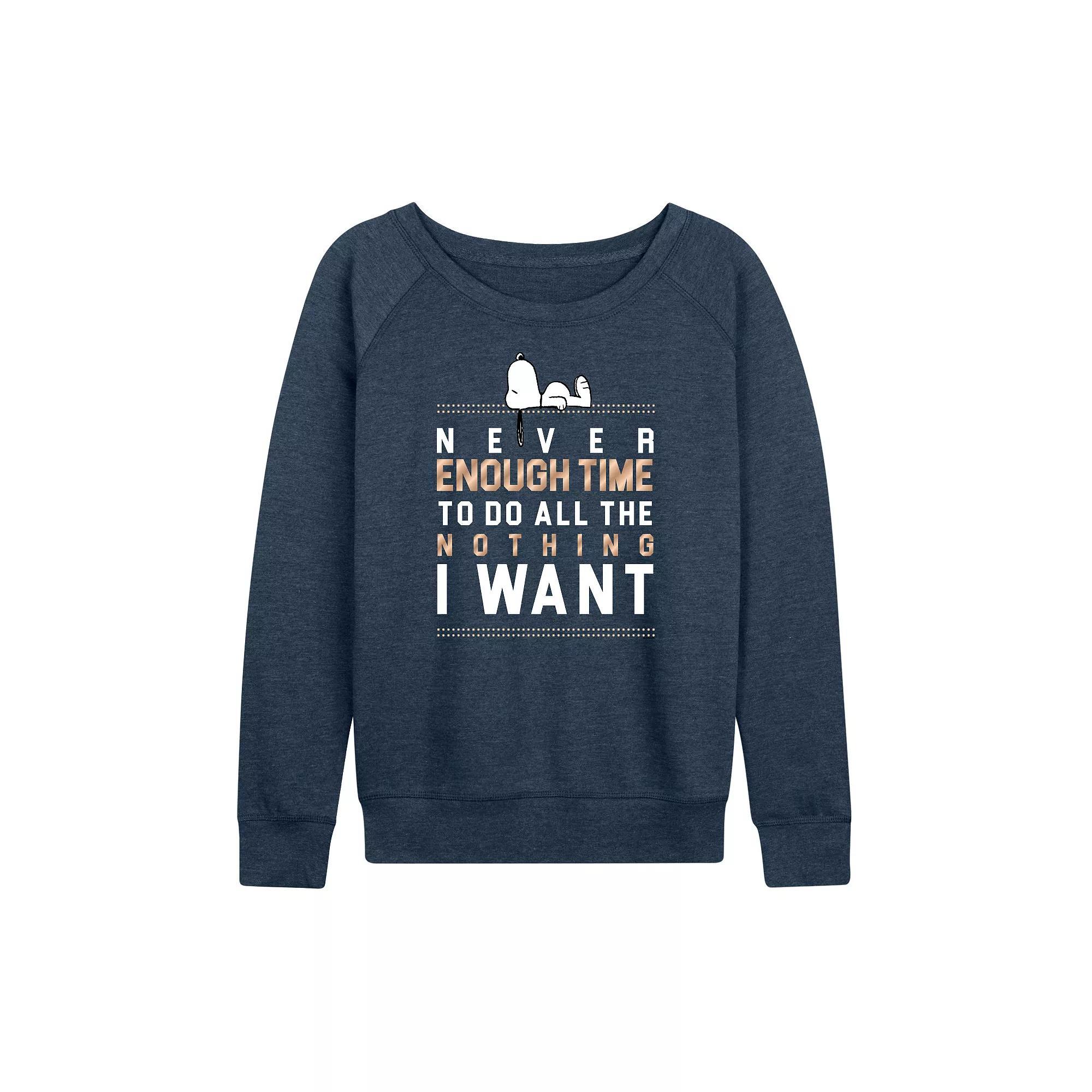 Womens Peanuts Snoopy Enough Time French Terry Long Sleeve Tee, Girls Grey Indigo Product Image