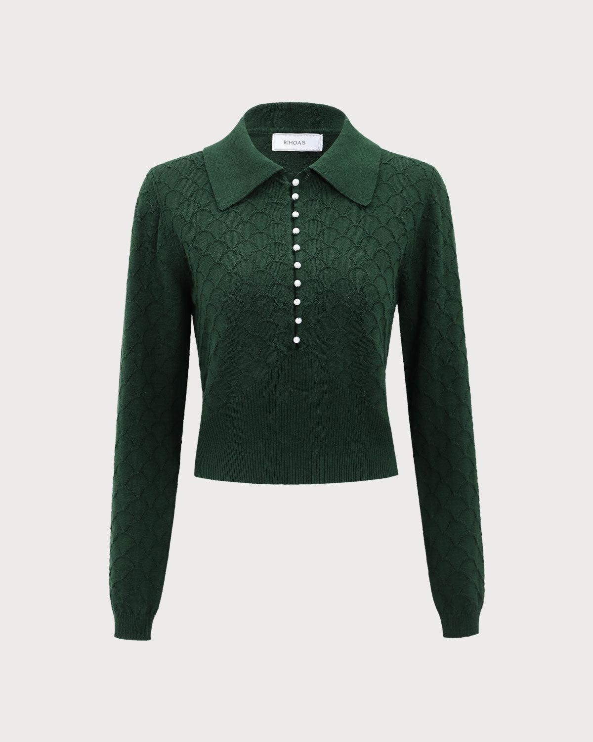 The Dark Green Lapel Ribbed Textured Knit Top Product Image