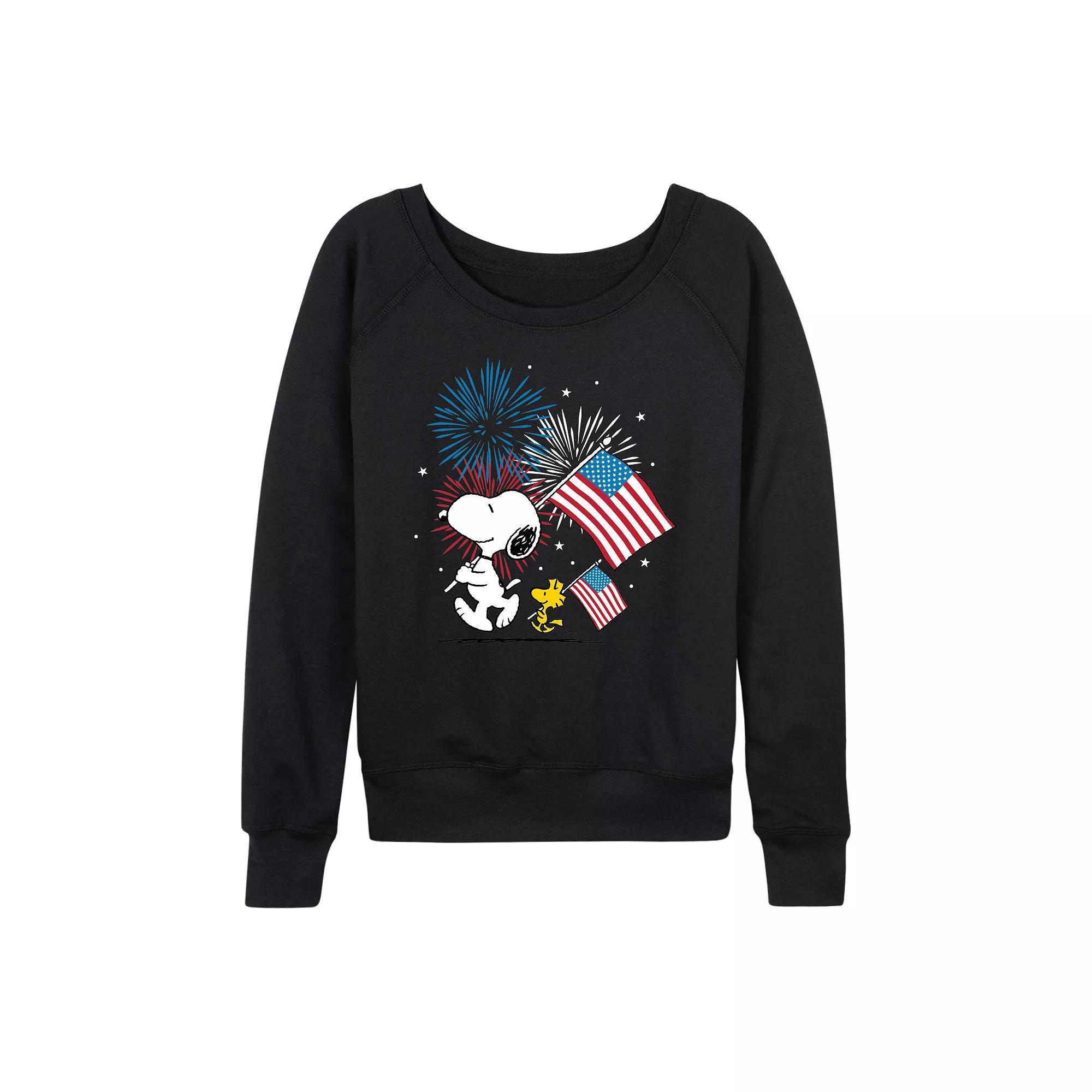 Womens Peanuts Snoopy & Woodstock USA Flags & Fireworks French Terry Long Sleeve Tee Product Image