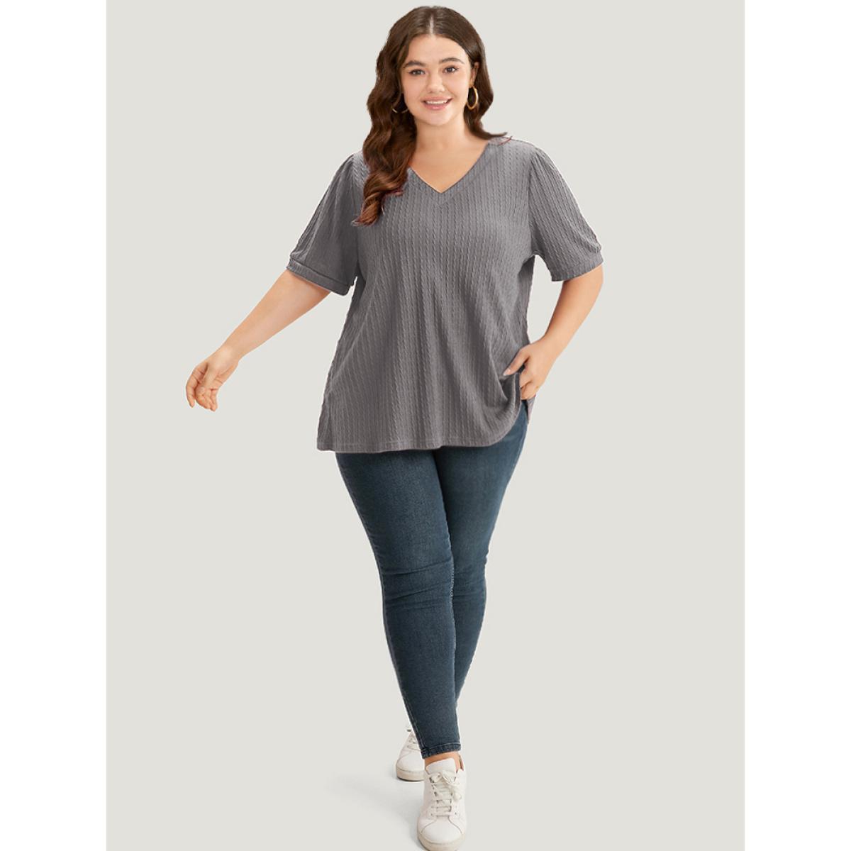 Plus Size Plain Texture V Neck Gathered Lantern Sleeve T-shirt Gray Women Casual Texture Plain V-neck Dailywear T-shirts BloomChic 30/6X Product Image