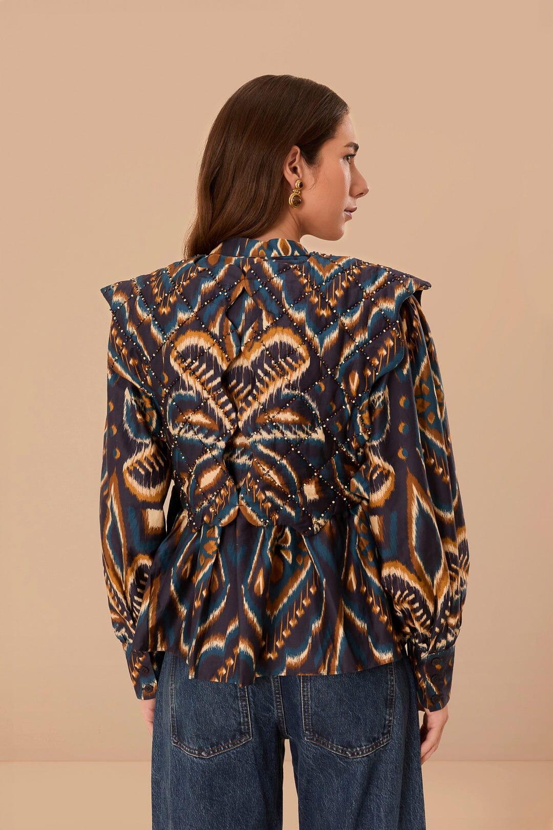 Blue Pineapple Ikat Long Sleeve Matelasse Blouse, PINEAPPLE IKAT BLUE / XXS Product Image