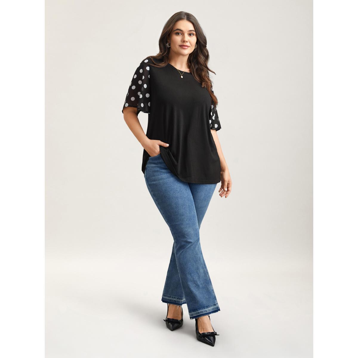 Plus Size Stretchy Sheer Dot Sleeve Textured T-Shirt Black Women Elegant See through Round Neck Everyday T-shirts BloomChic 28/5X Product Image