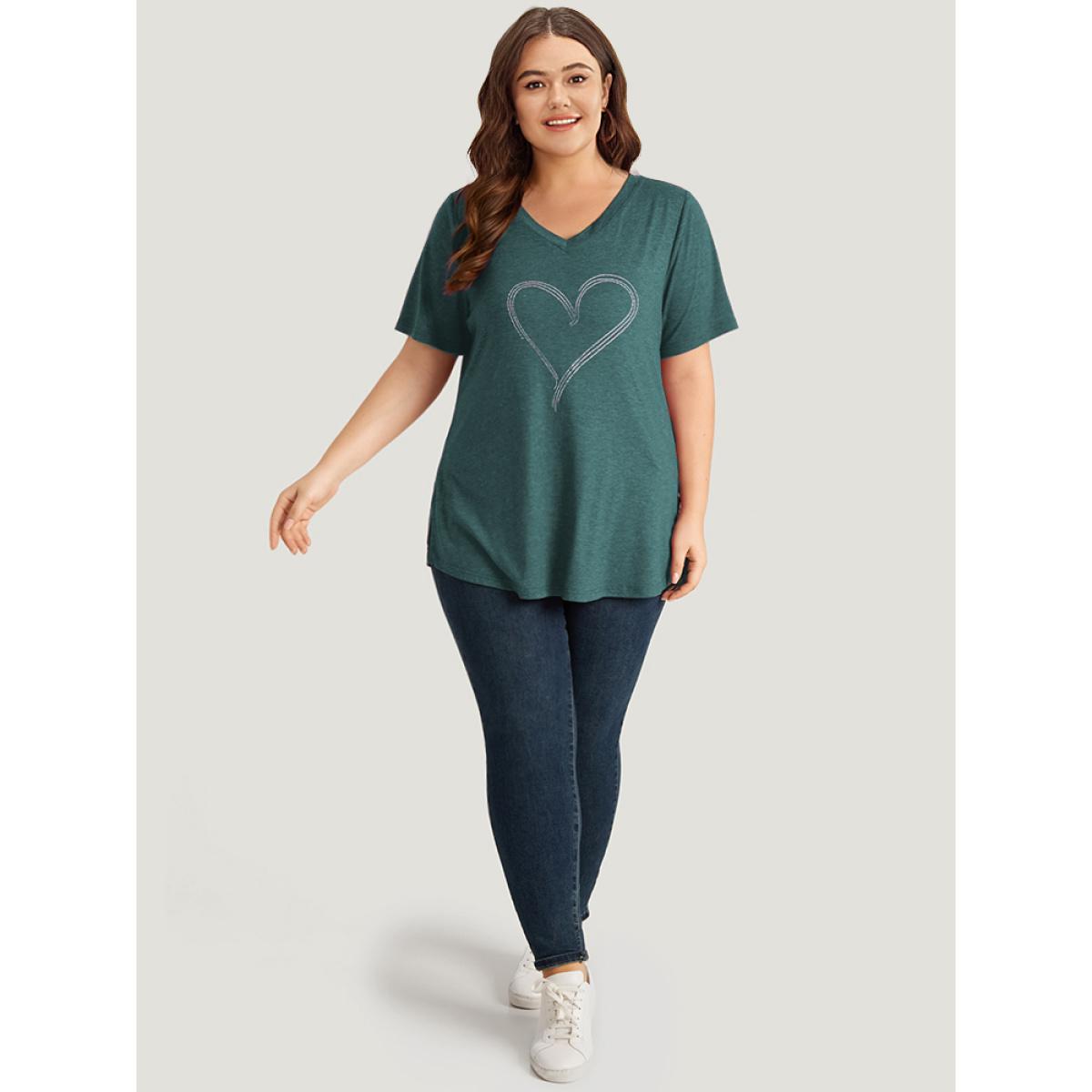 Plus Size Solid Heart Rhinestone V Neck T-shirt DarkGreen Women Casual Plain Heart Print Dailywear T-shirts BloomChic 28/5X Product Image