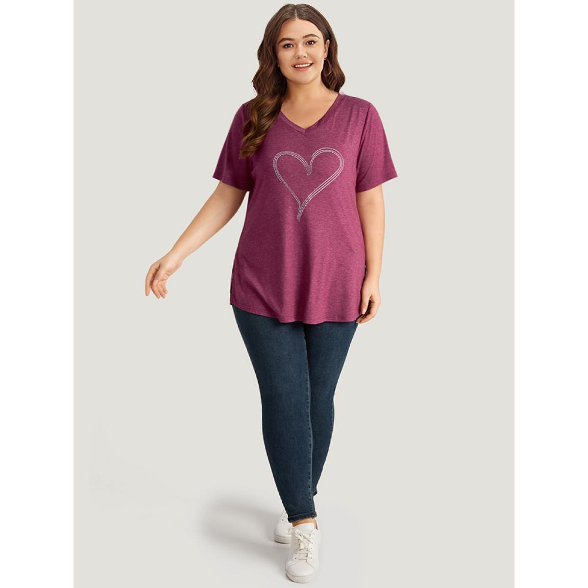 Plus Size Solid Heart Rhinestone V Neck T-shirt RedViolet Women Casual Plain Heart Print Dailywear T-shirts BloomChic 18-20/2X Product Image