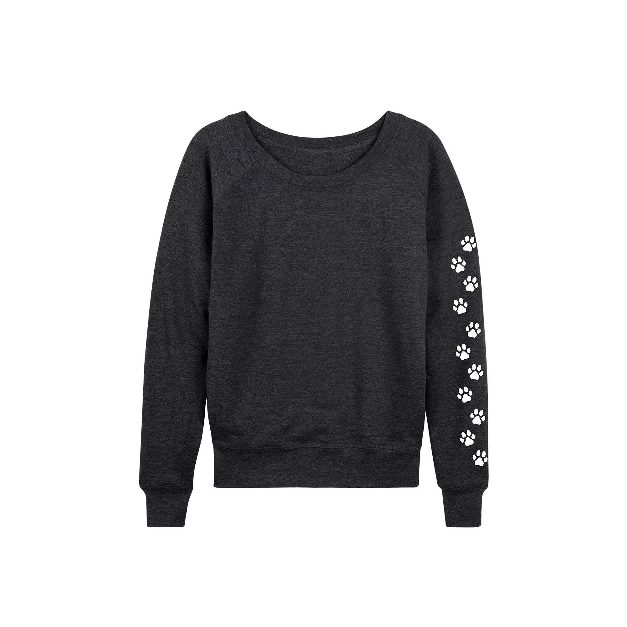 Women's Paw Prints Sleeve French Terry Long Sleeve Tee, Girl's, Size: Medium, Grey Indigo Product Image
