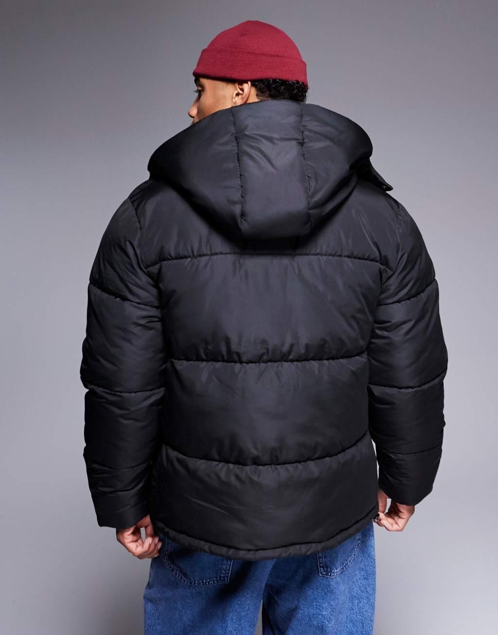 ASOS DESIGN puffer jacket with detachable hood in black Product Image
