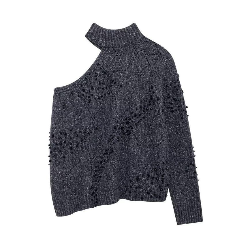 Mock Neck Cold-Shoulder Melange Beaded Sweater Product Image
