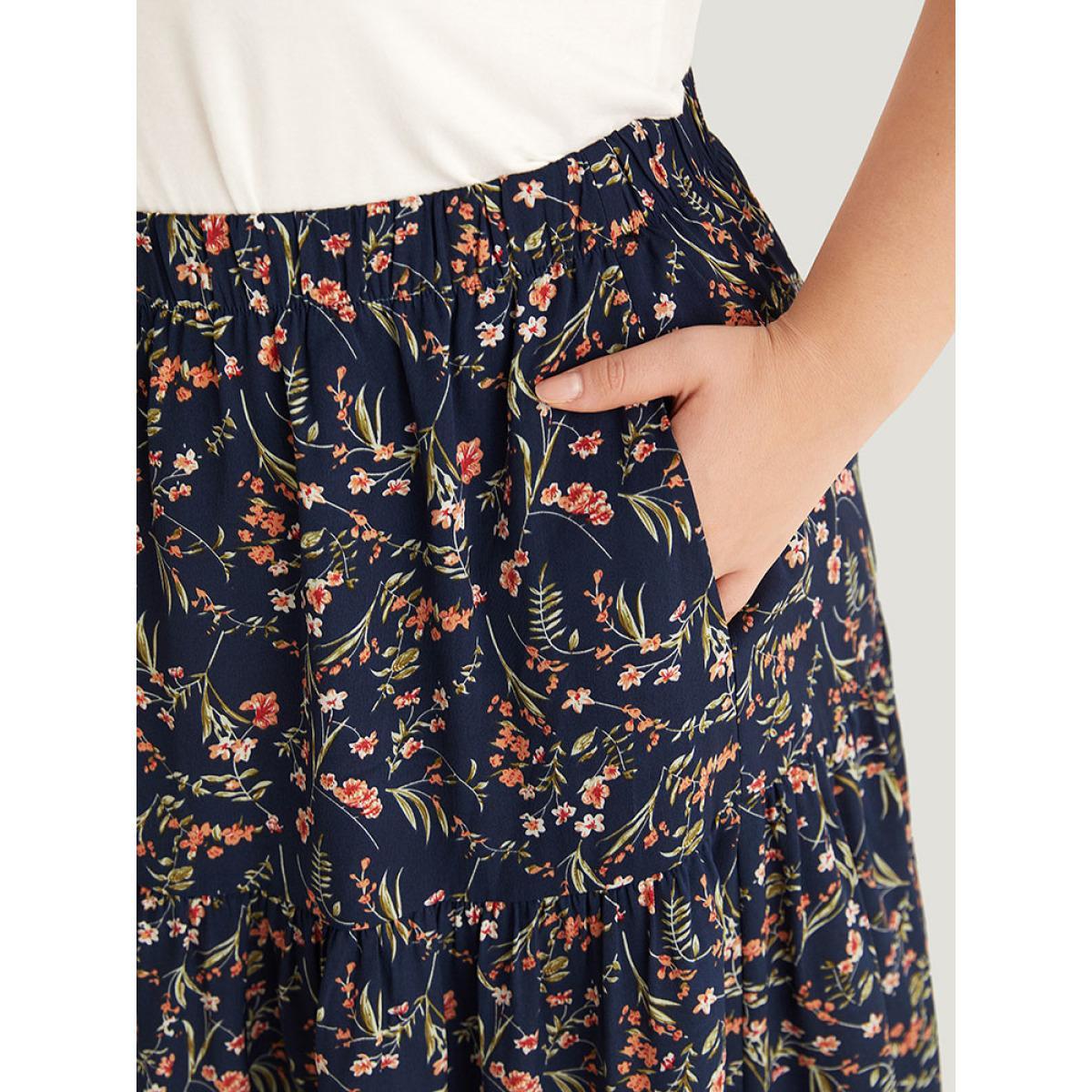 Plus Size Floral Print Ruffle Layered Hem Pocket Elastic Waist Skirt Women Indigo Elegant Elastic Waist No stretch Pocket Dailywear Skirts BloomChic 28/5X Product Image