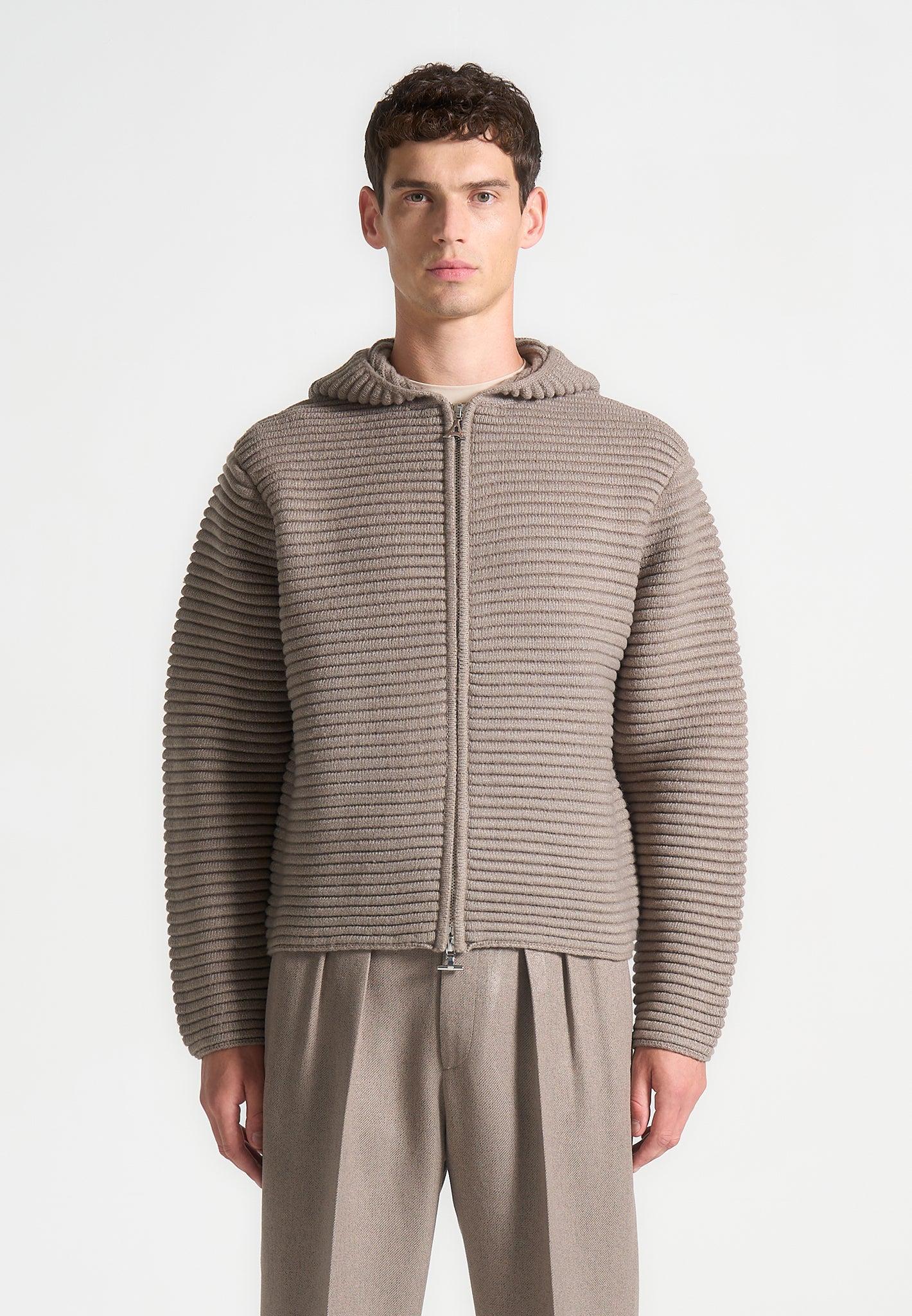 Ribbed Knit Zip Up Hoodie - Taupe Male Product Image