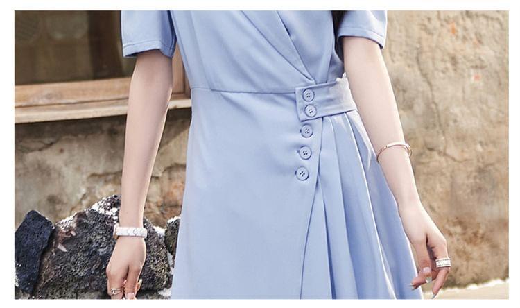 Short-Sleeve Lapel Collar Plain Asymmetrical Button Mini A-Line Dress Product Image