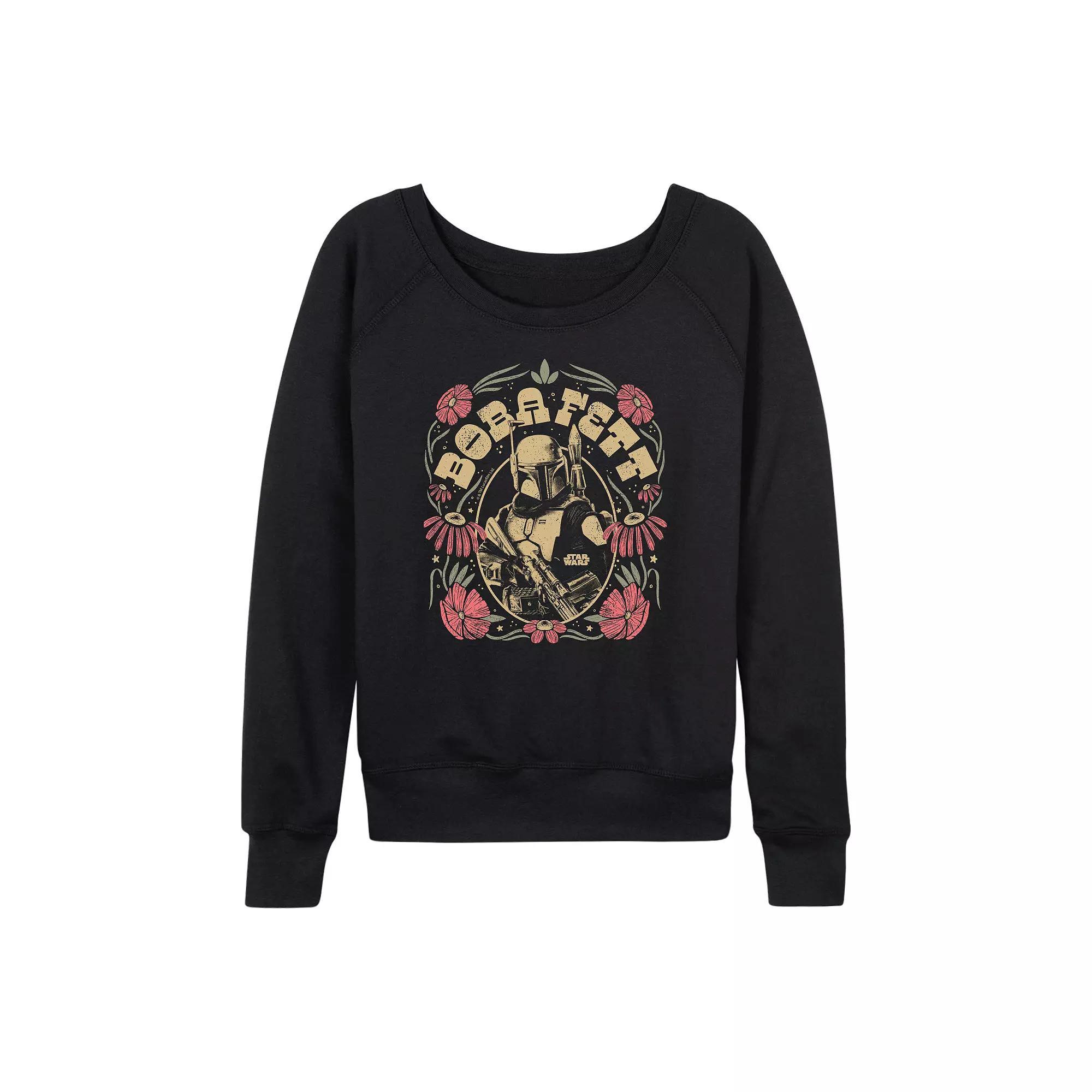 Women's Star Wars Boba Fett Floral French Terry Long Sleeve Tee, Size: Small, Black Product Image