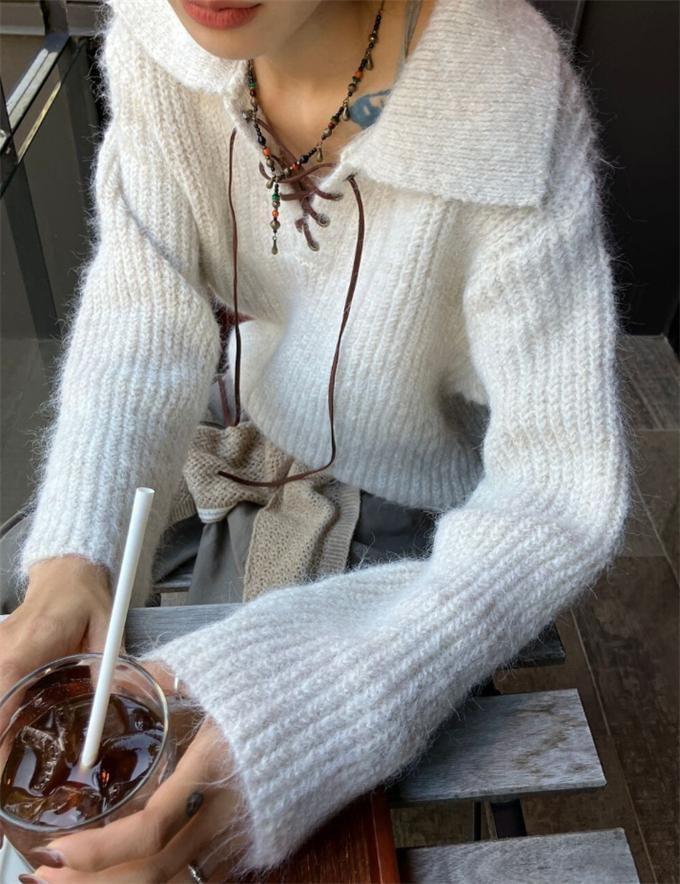 Collar Plain Lace-Up Ribbed Sweater Product Image