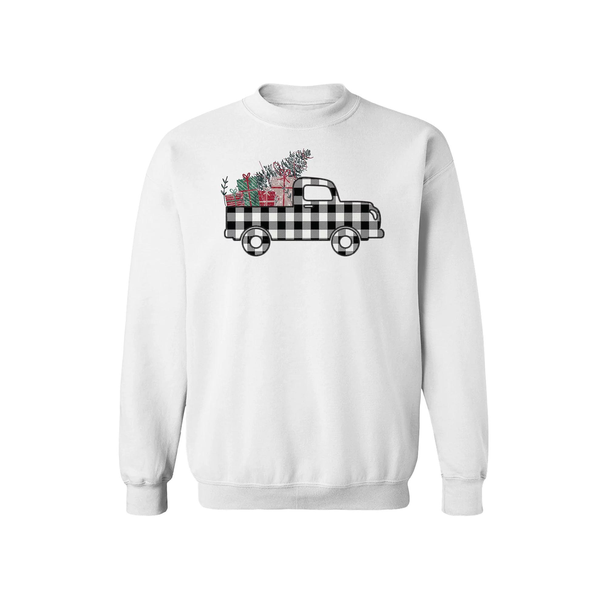 Men's Plaid Christmas Truck Fleece Sweatshirt, Women's, Size: XL, White Product Image