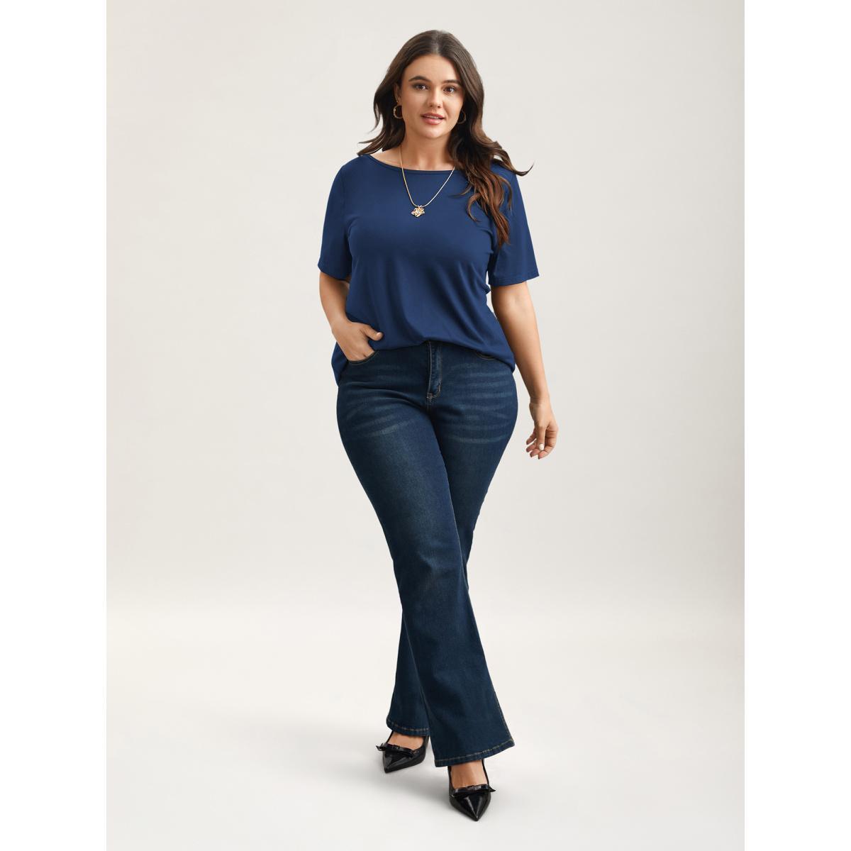 Plus Size Butterfly Back Stretchy Round Neck T-Shirt Indigo Women Elegant See through Round Neck Everyday T-shirts BloomChic 30/6X Product Image