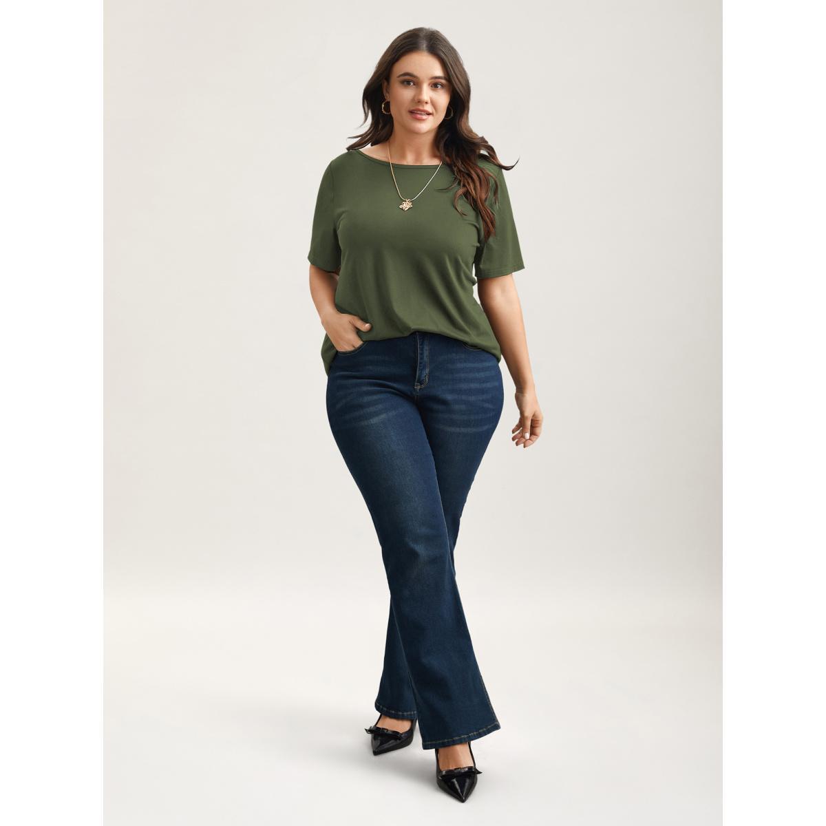 Plus Size Butterfly Back Stretchy Round Neck T-Shirt Indigo Women Elegant See through Round Neck Everyday T-shirts BloomChic 30/6X Product Image