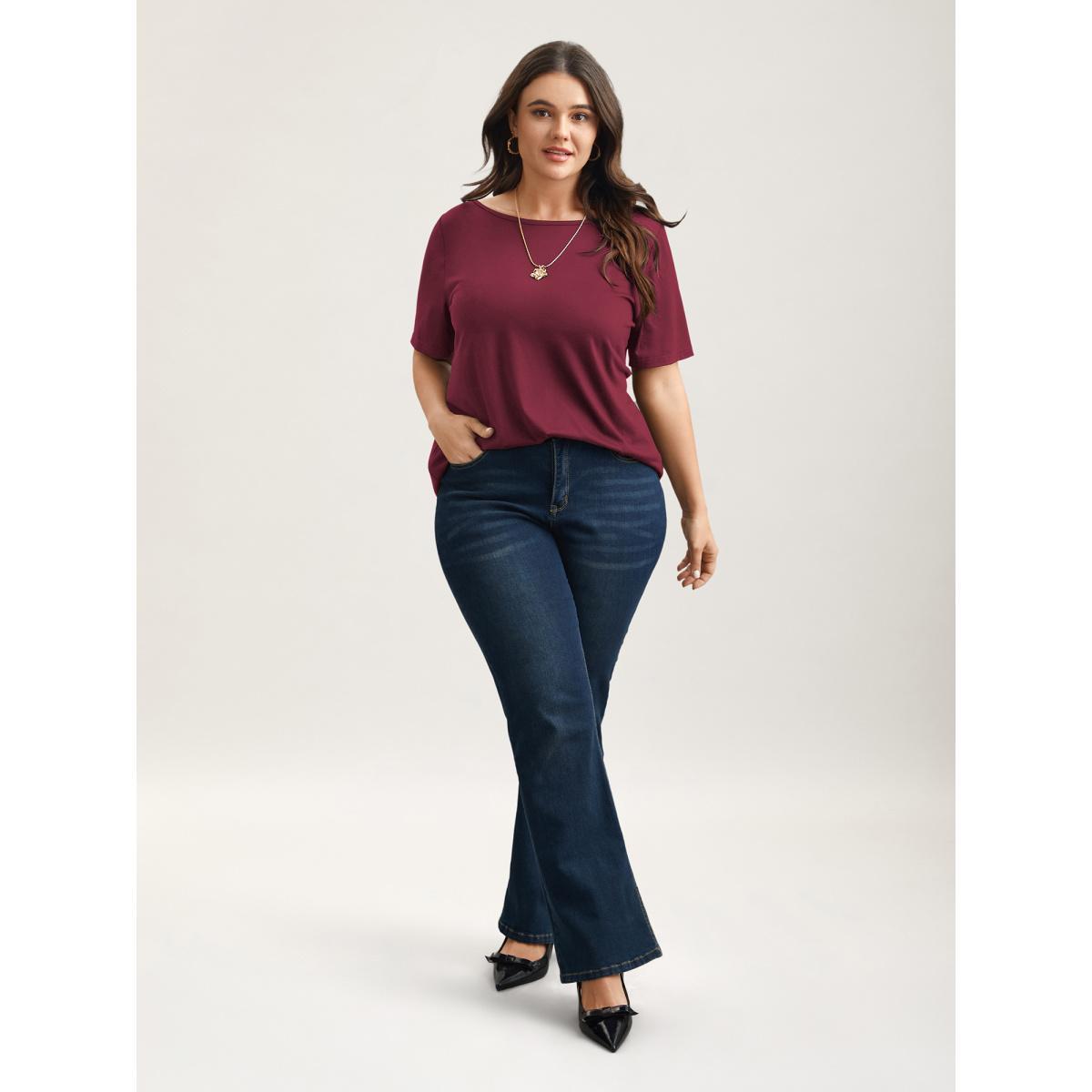 Plus Size Butterfly Back Stretchy Round Neck T-Shirt Burgundy Women Elegant See through Round Neck Everyday T-shirts BloomChic 22-24/3X Product Image