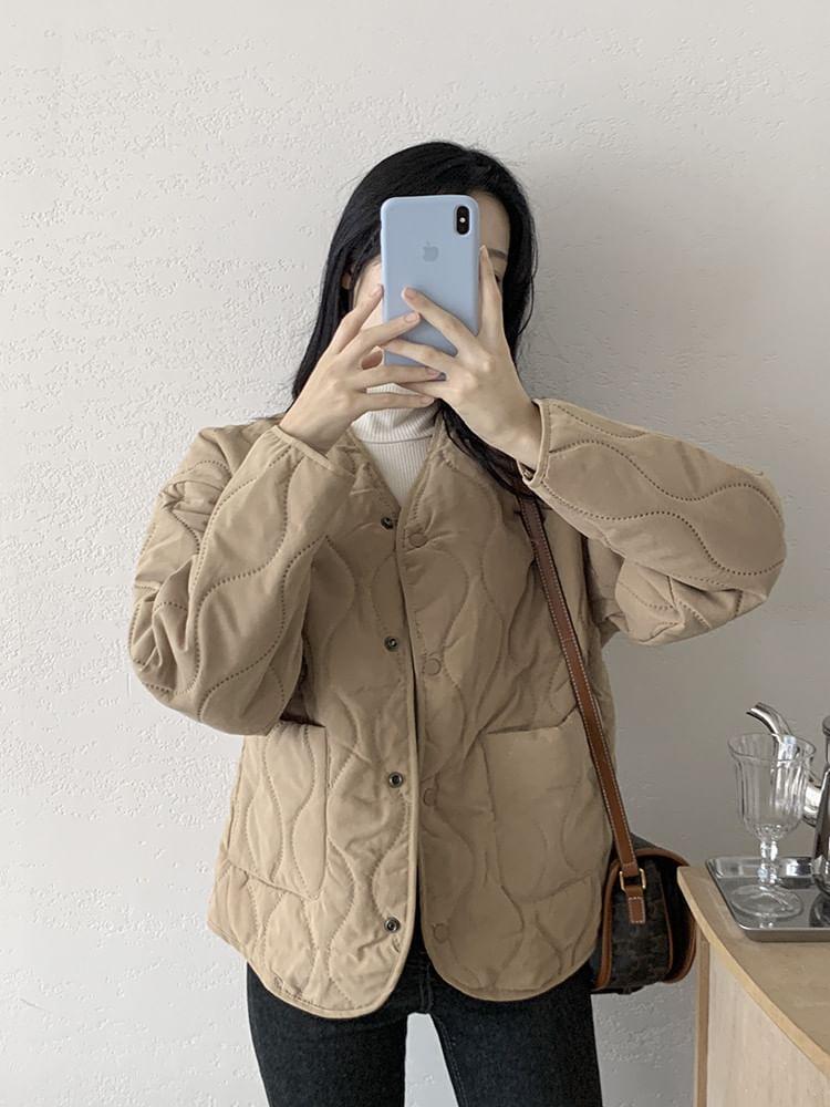 Plain Quilted Button-Up Jacket Product Image