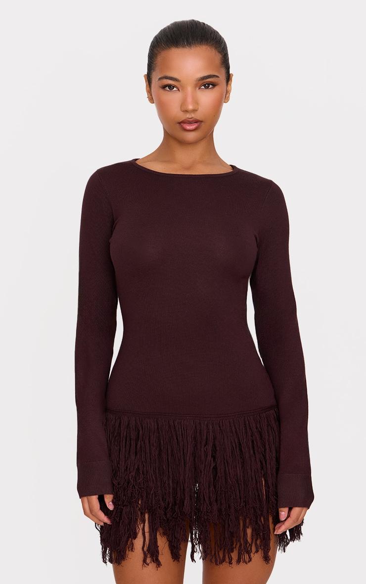 Cappuccino Fine Knit Fringe Hem Long Sleeve Micro Mini Dress Product Image