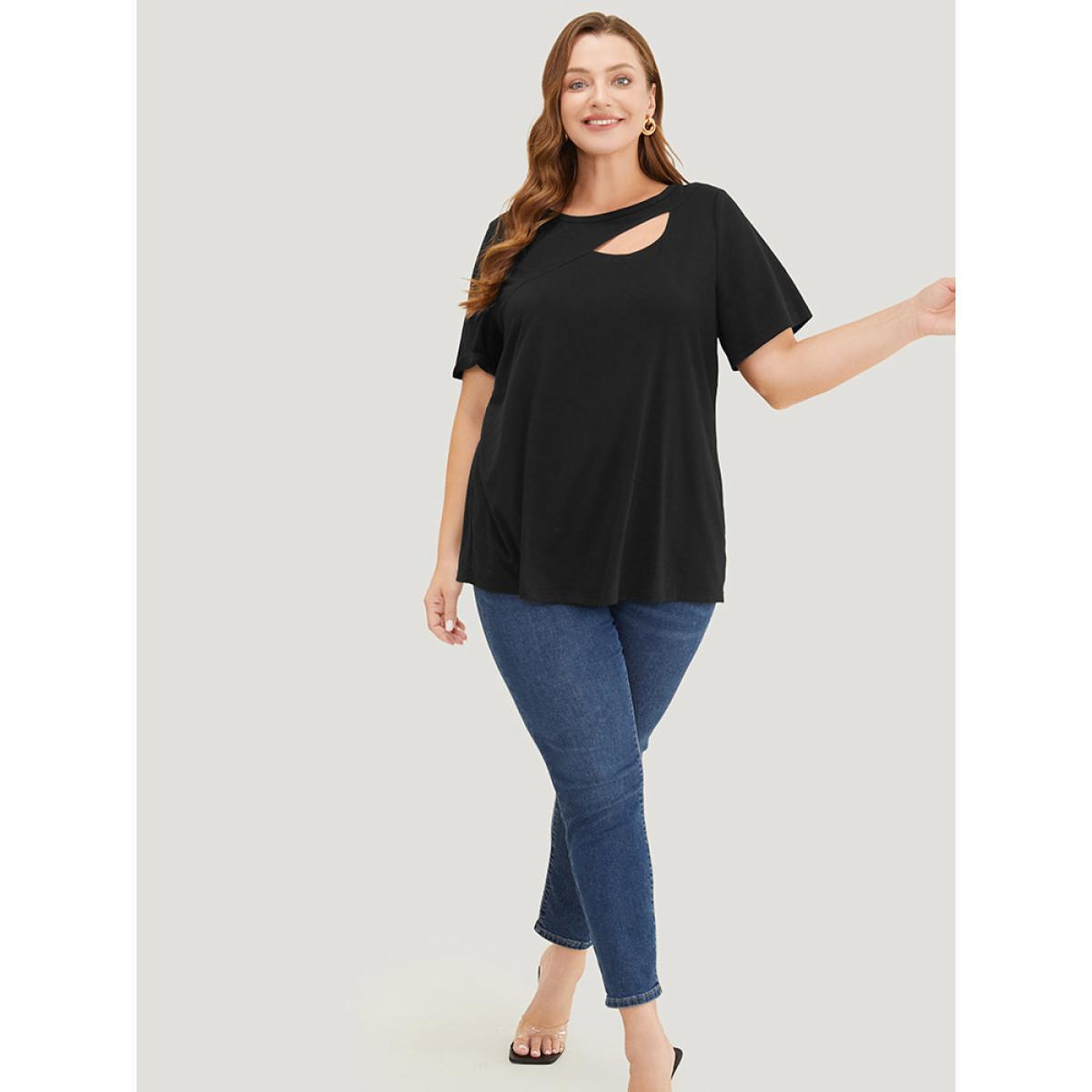 Plus Size Solid Cut Out Crew Neck T-shirt Black Women Elegant Cut-Out Plain Round Neck Dailywear T-shirts BloomChic 10/M Product Image
