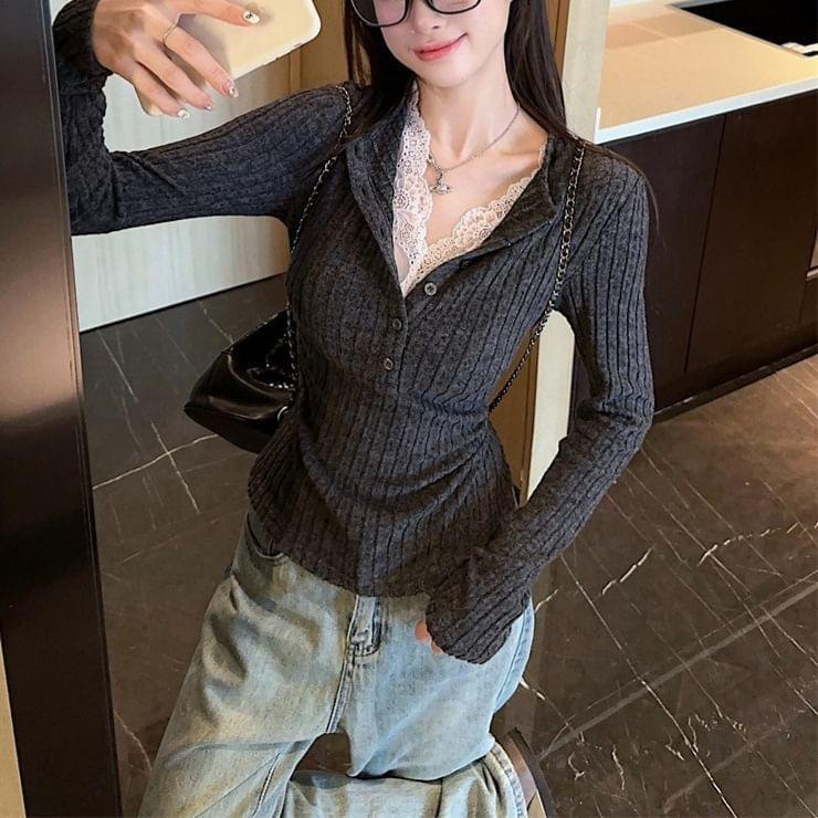 Long Sleeve V-Neck Lace-Trim Ribbed-Knit Slim-Fit Top Product Image