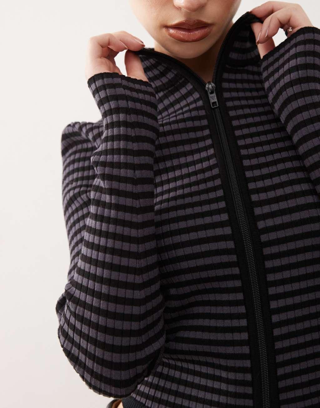 Guess Originals knit zip through striped sweater in black Product Image