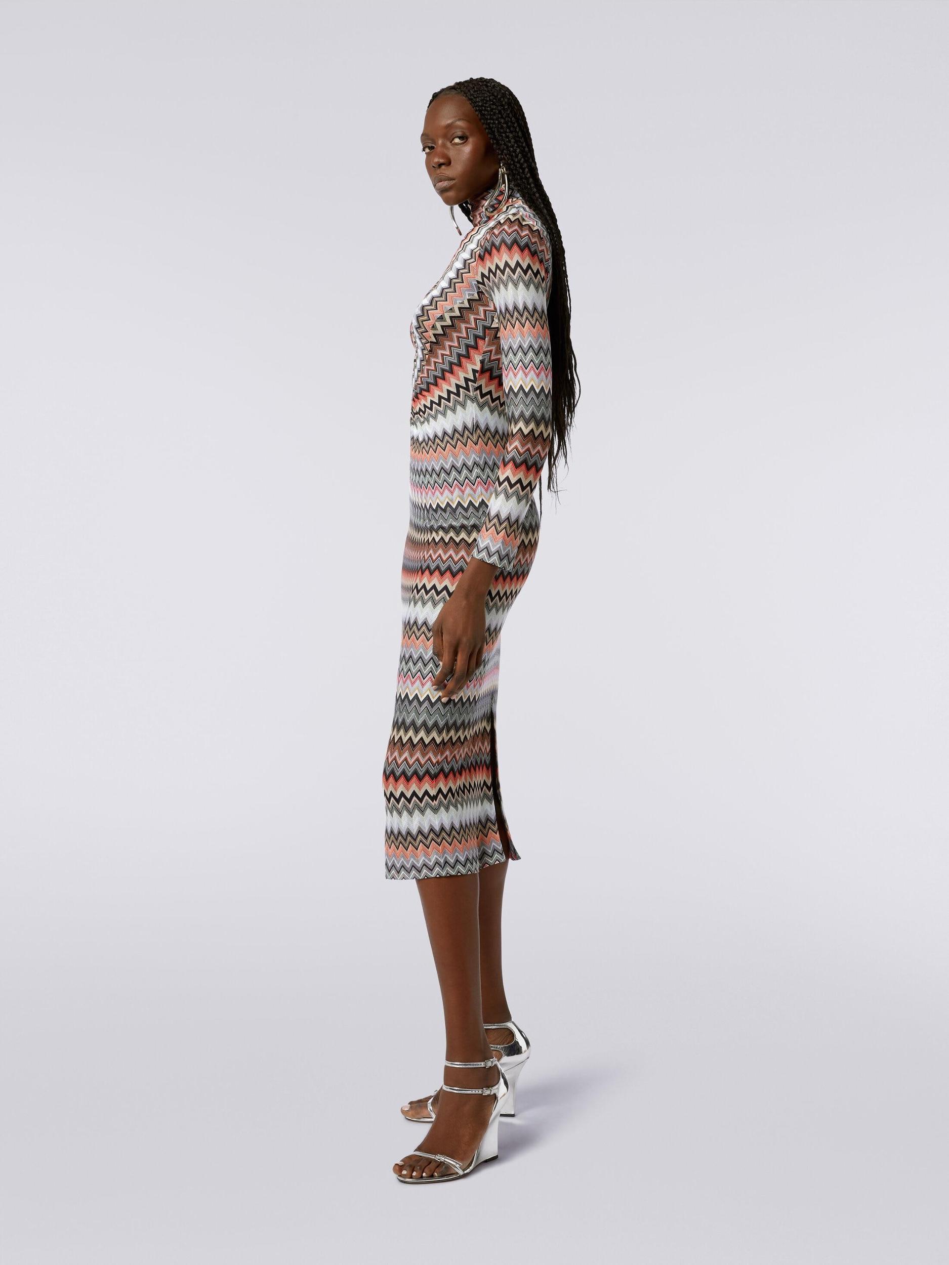 Long high-neck dress in zigzag viscose and cotton with gathers  Product Image