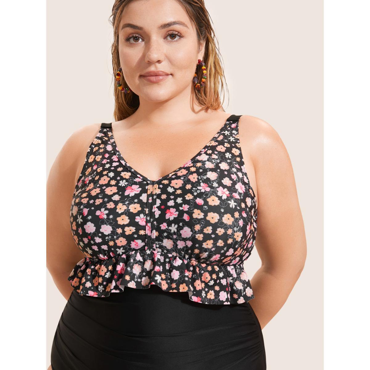 Plus Size Ditsy Floral Patchwork Ruffle Trim One Piece Swimsuit Women's Swimwear Black Beach Gathered Curve Bathing Suits High stretch One Pieces BloomChic 22-24/3X Product Image