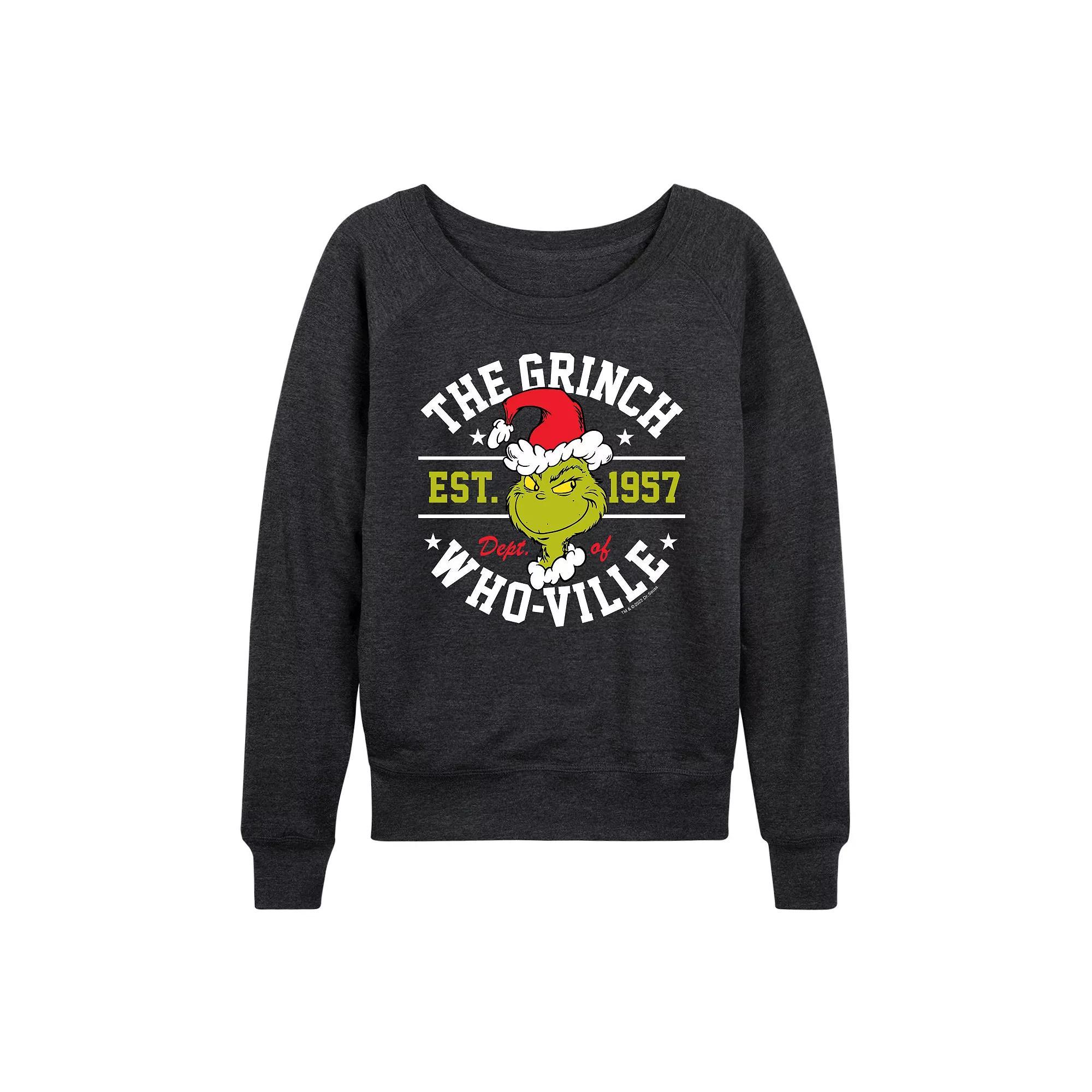 Womens Dr. Seuss The Grinch Dept Of Whoville French Terry Long Sleeve Tee, Girls Grey Indigo Product Image